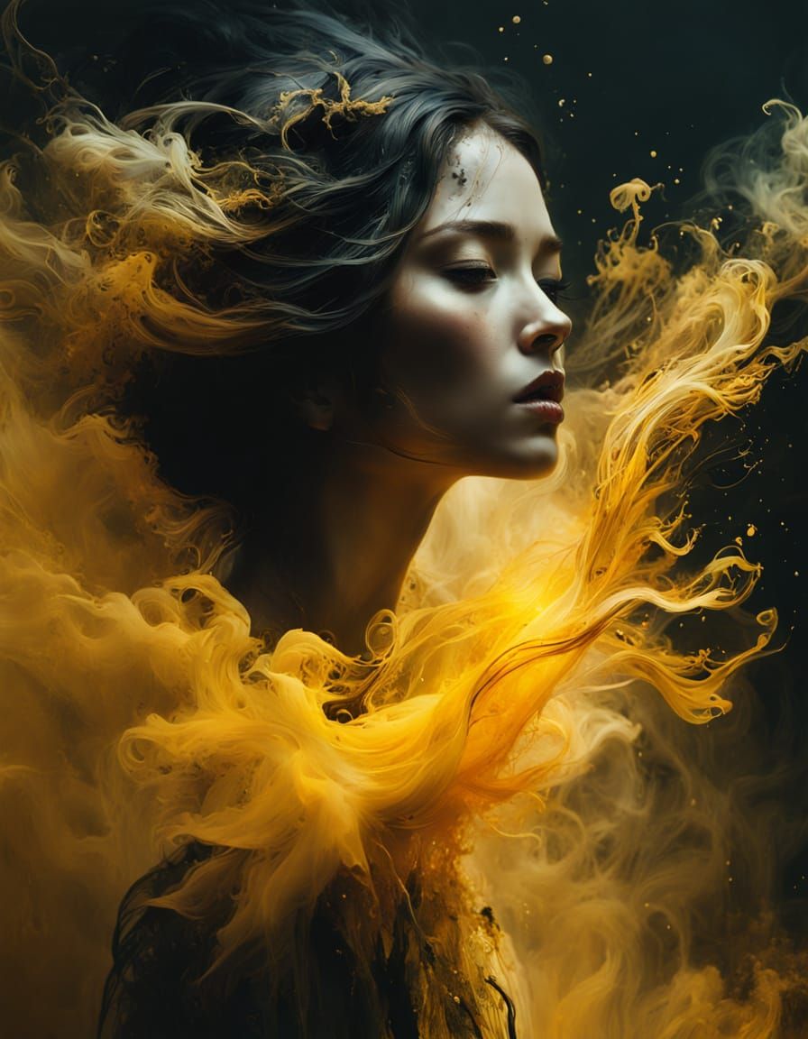 Goddess Dissolving into Swirling Black Smoke in Golden Hour