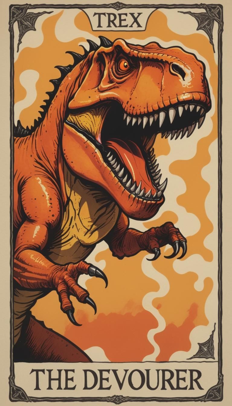 Trex as The Devourer: Vibrantly-Colored Ink Tarot Card