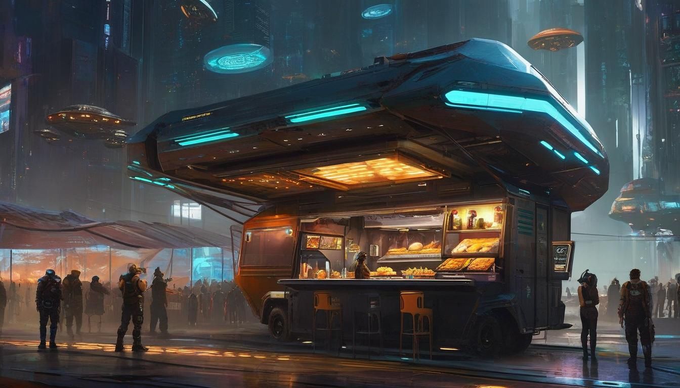 Cyberpunk Food Trucks Fly Through Sci-Fi Universe
