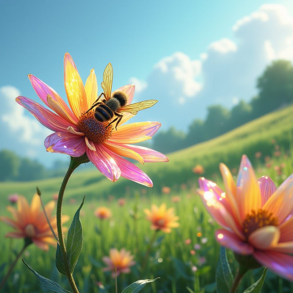 Vibrant Hillside with Crystal Rainbow Flowers and Majestic B...