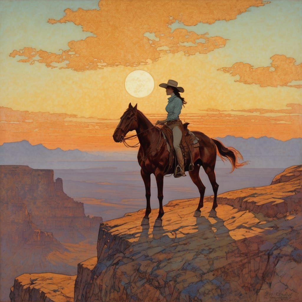 In her thoughts she is a cowgirl riding the range at sunset,...