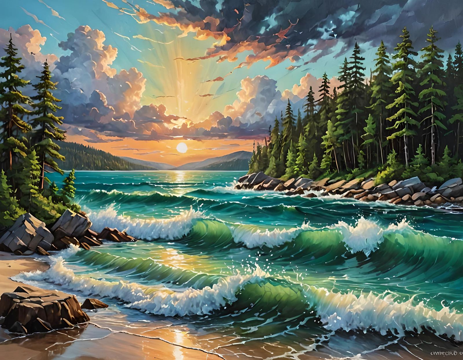 Turquoise Lake at Sunset in a Vibrant Oil Painting Style