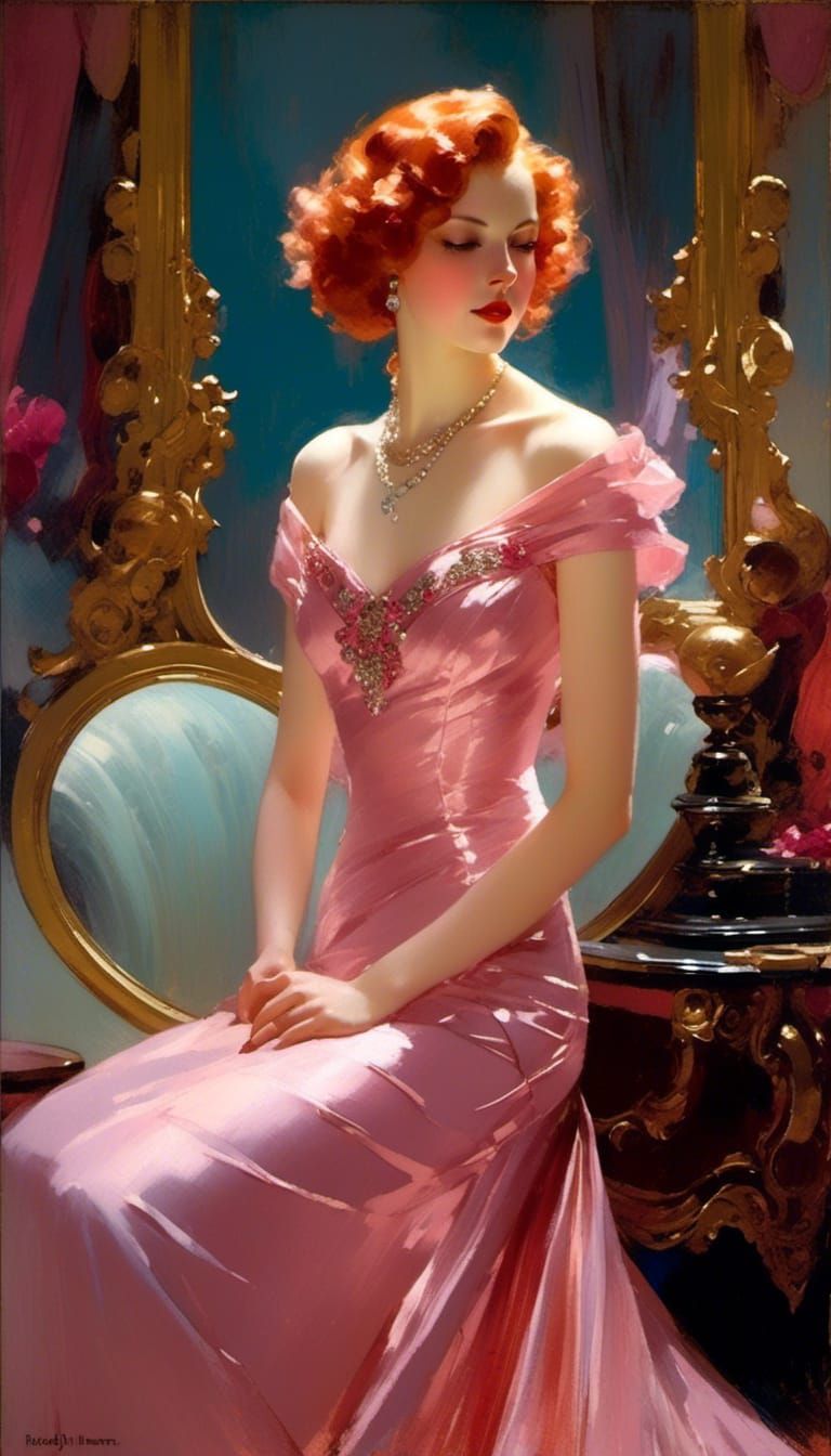 Elegant Redhead in 1930s Gown, Dreamy Vignette