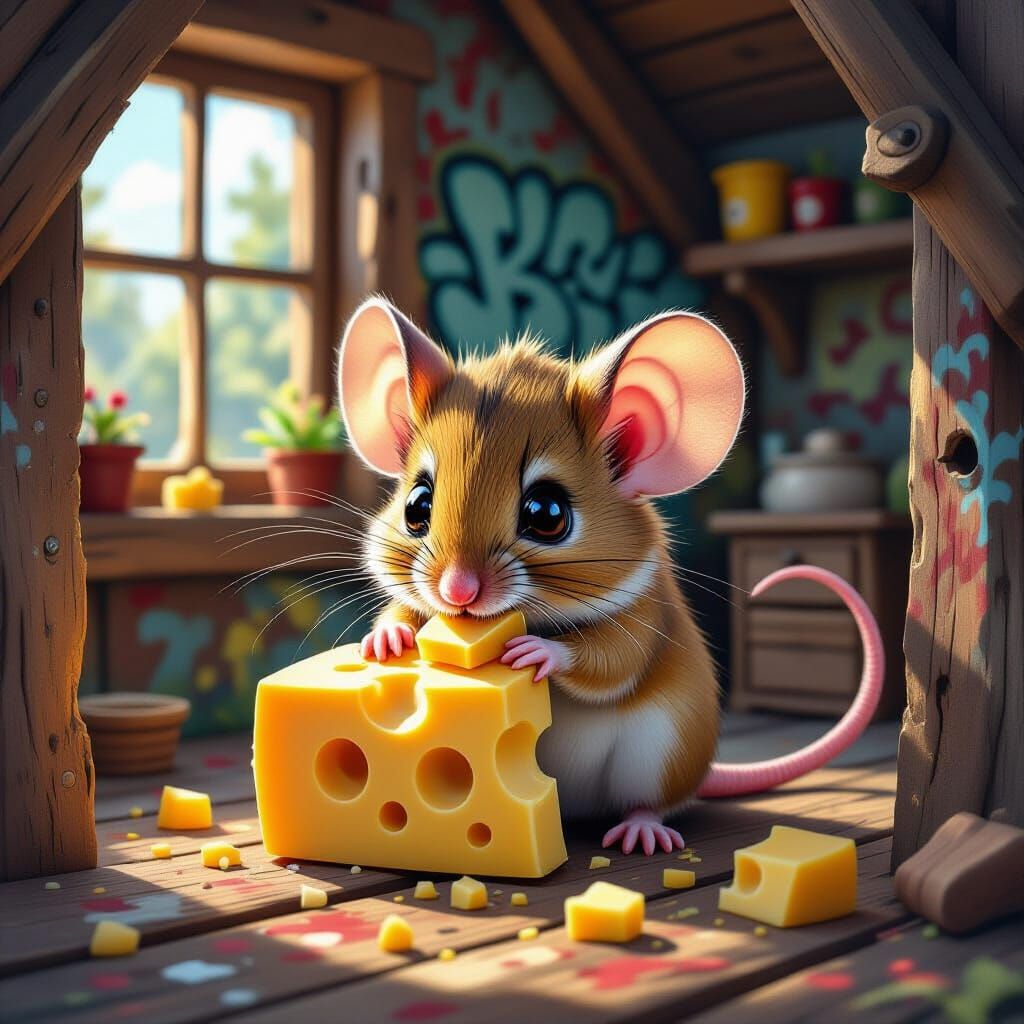 Adorable Mouse Nibbling Swiss Cheese in Vibrant Graffiti Art...