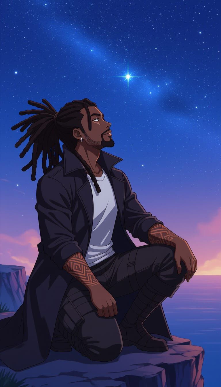 Fantasy Male Gazing at Starry Sky in Cel-Shaded Style
