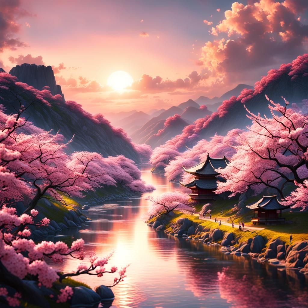 Japanese Cherry Blossoms at Sunset: Digital Matte Painting