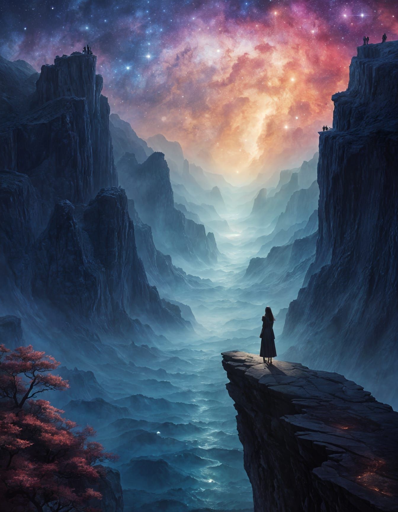 Woman on Alien Cliff Overlooking Bioluminescent Ocean