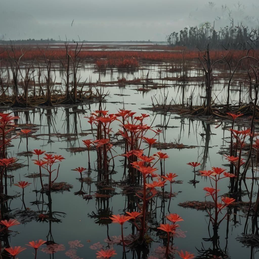 Endless Alien Swamp with Rusty Mechanical Network