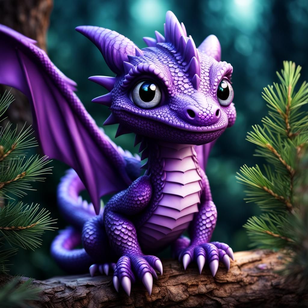 Purple Chibi Forest Dragon with Pine Needle Scales
