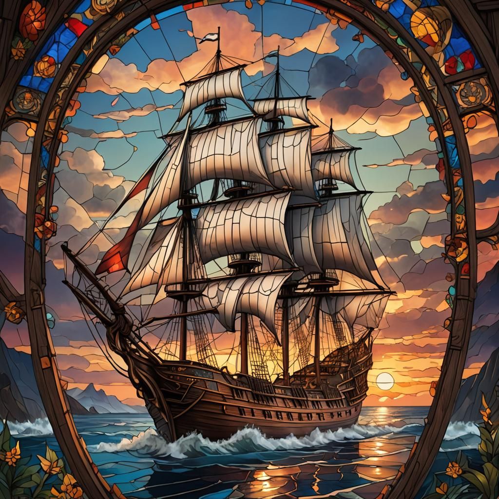 Stained Glass Sailing Ship at Sunset