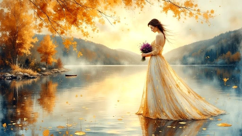 Elegant Lady with Roses in Dreamscape Landscape