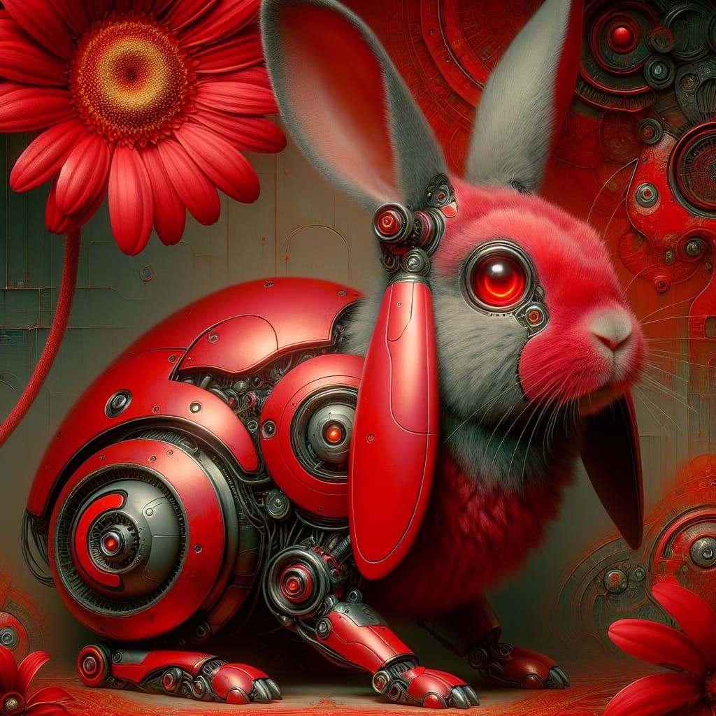 Robotic Rabbit and Daisy in Digital Painting