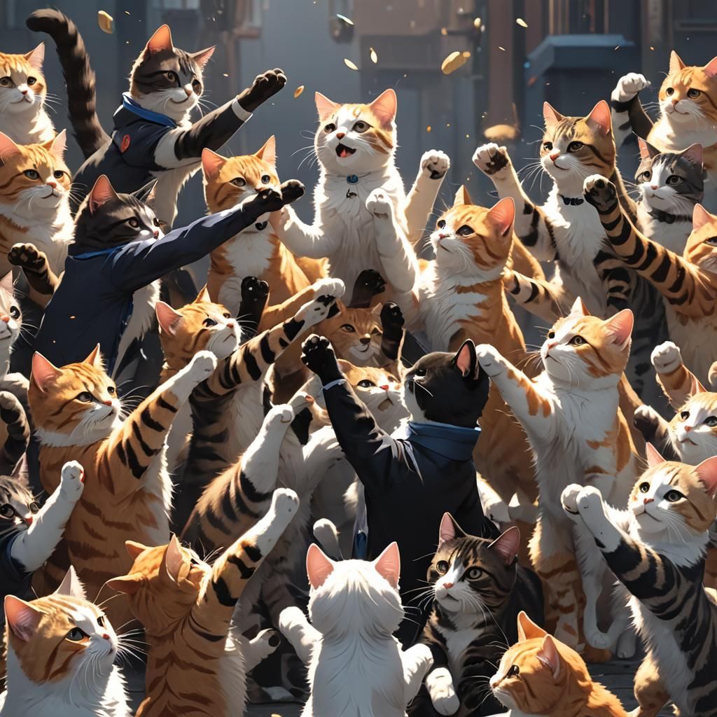 Cats Celebrate with High Fives: 3D Anime Art