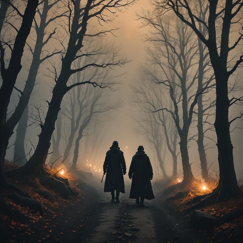 Eerie Figure on Misty Mountain Path in Dark Fantasy Art