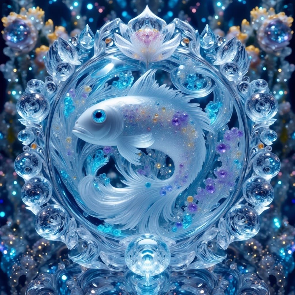 Crystal Fish Swimming in a Glass Pond
