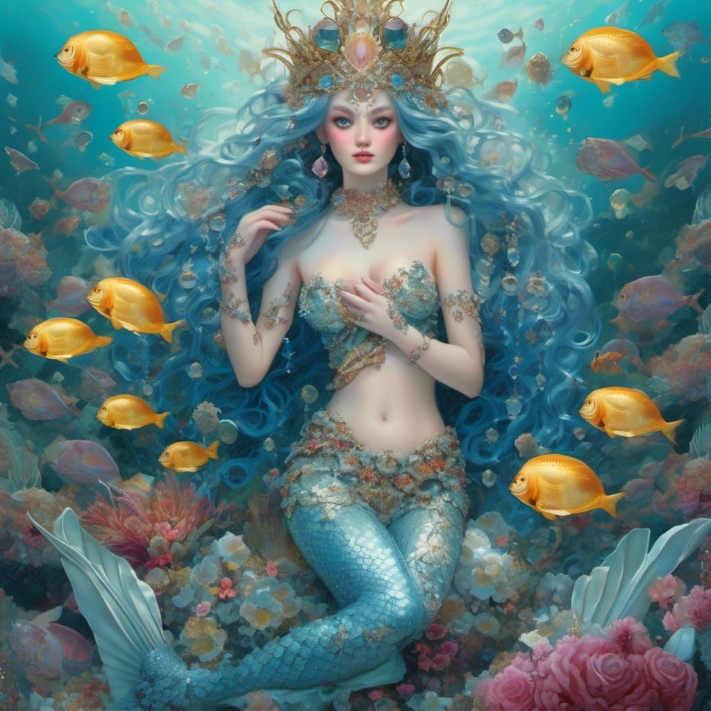 Iridescent Mermaid with Shell Crown in Graphic Novel Style