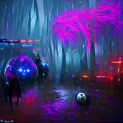 Fantasy Forest Moonscape with Space Orbs in Cyberpunk Style