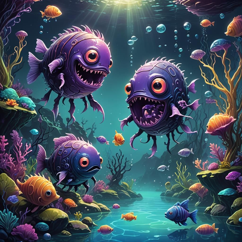 Cartoon Rolly Polly and Fish in Miyazaki Style