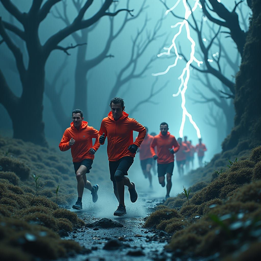 Athletes Sprint Through Stormy, Mystical Landscape