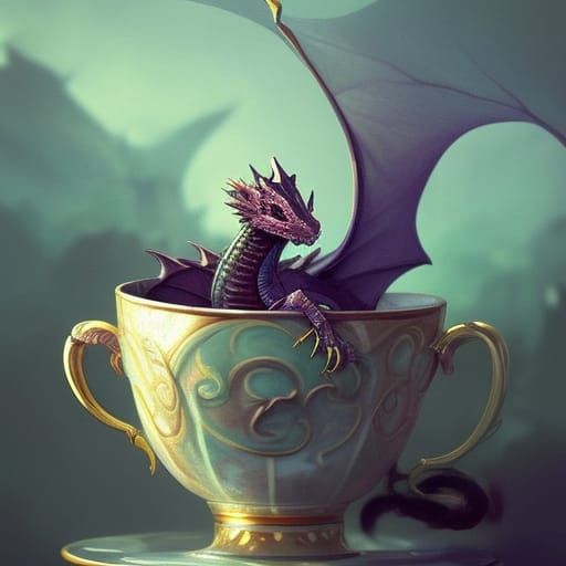 Baby Dragon Portrait in Teacup, Detailed Concept Art