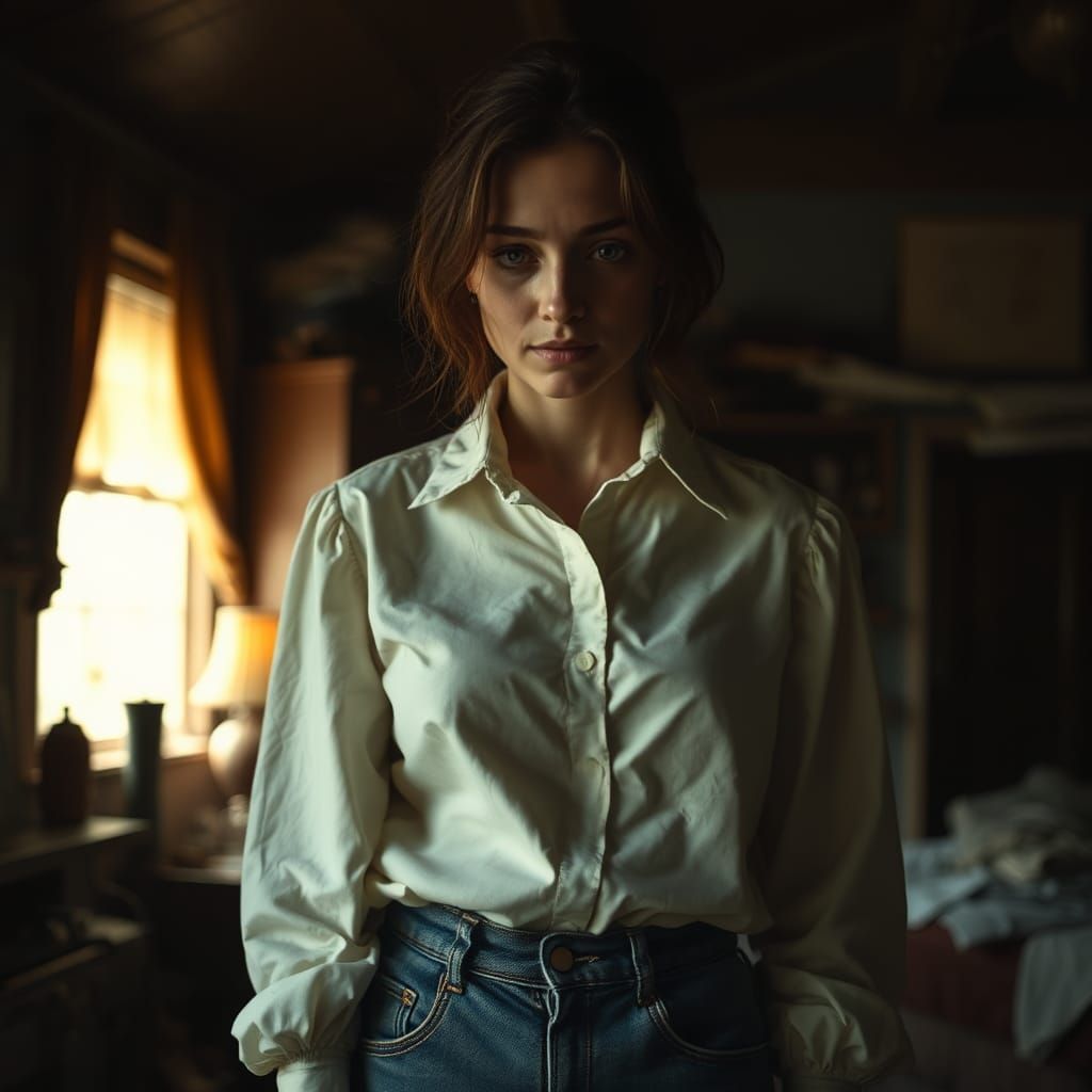 Vulnerable Woman in Dimly Lit Interior, Evocative Portrait