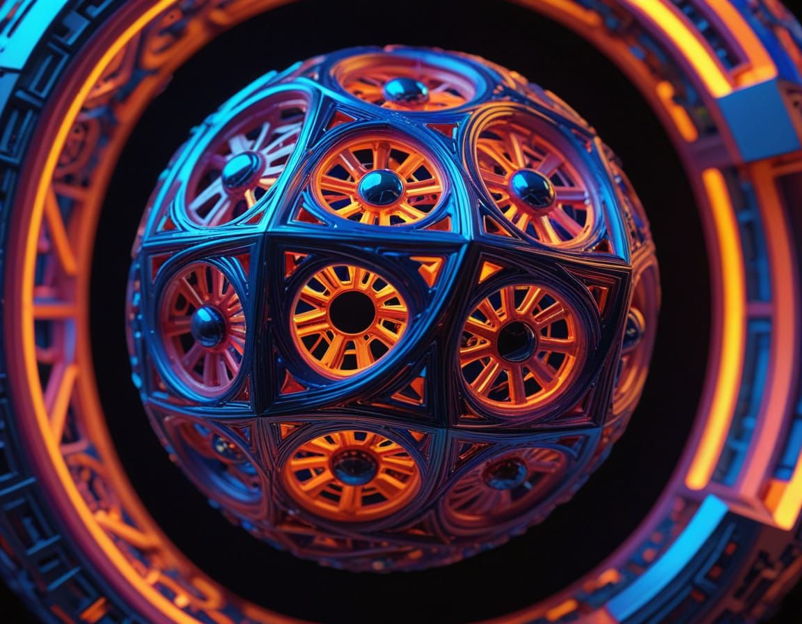 Escher-Style Geometric Toroidal Polyhedron in Neon Lighting