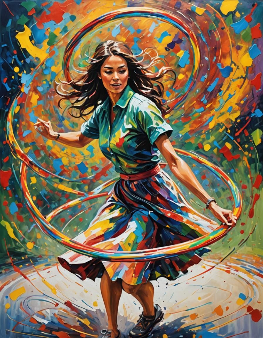Woman Hula Hooping with Paint, Expressionist Oil Painting