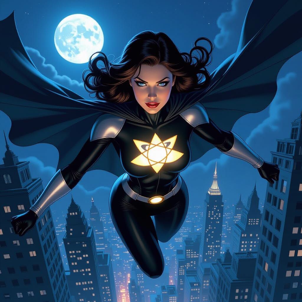 Superheroine Flies Over City in Vintage Pulp Art Style