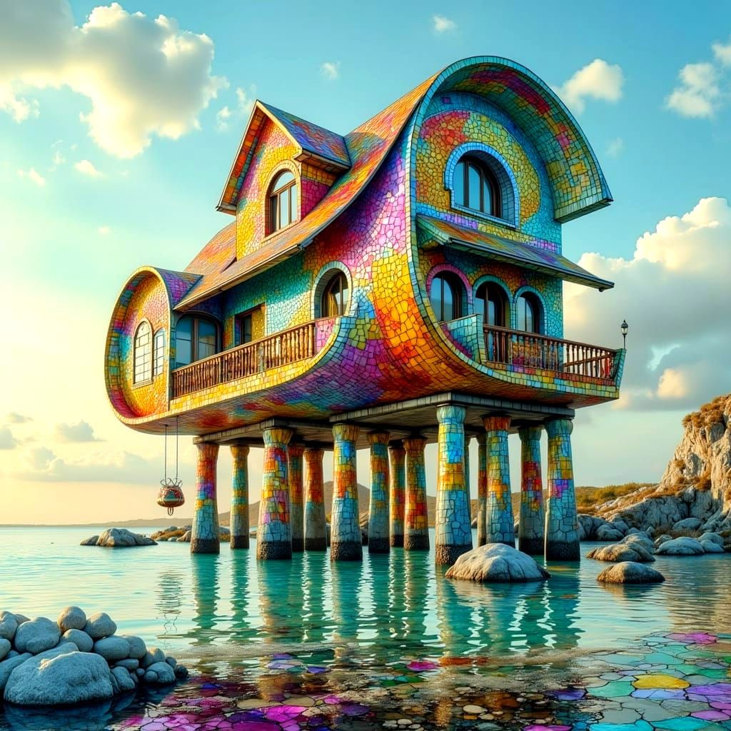 Mosaic House on Stilts in Geometric Style
