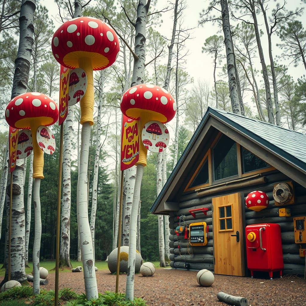Whimsical Hyperreal Landscape with Colorful Mushrooms and Mo...