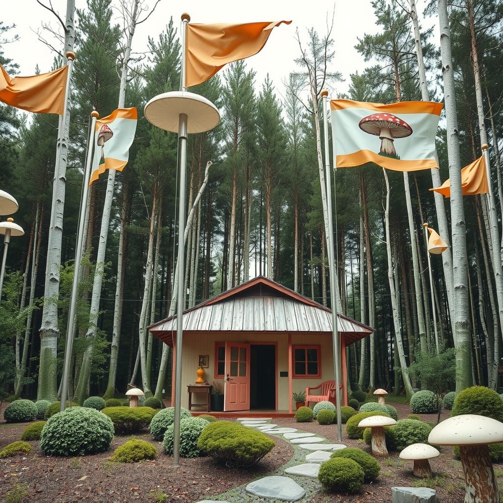 Surreal Birch Forest with Colorful Gum Cabin and Mushroom Fl...