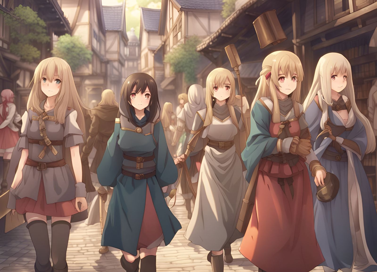Anime Girls Visit Medieval Market in Anime Style