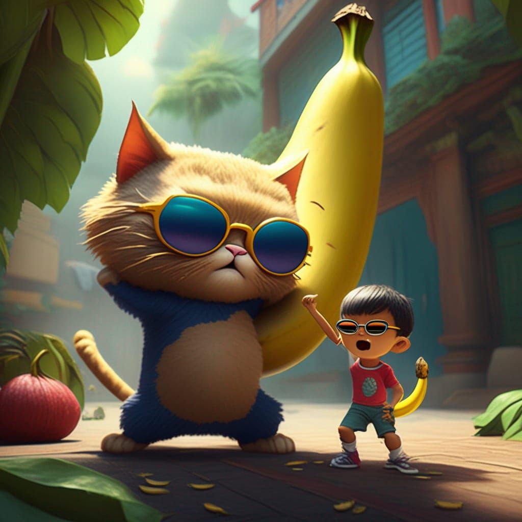 Cat Punches Banana in Detailed Fantasy Art