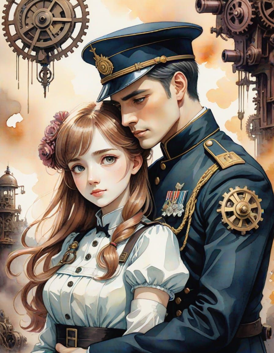 Surrealistic Anime Portrait of Star-Crossed Lovers in WWI