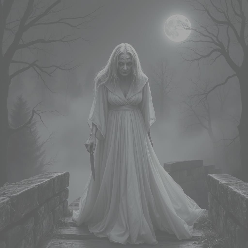 Mystical Ghost on Ancient Stone Bridge