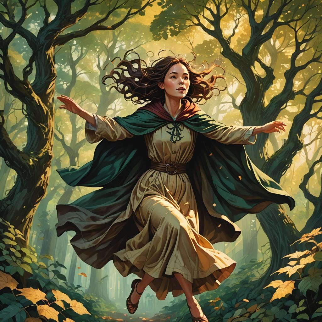 Woman Leaps Through Forest, Miyazaki-esque Illustration