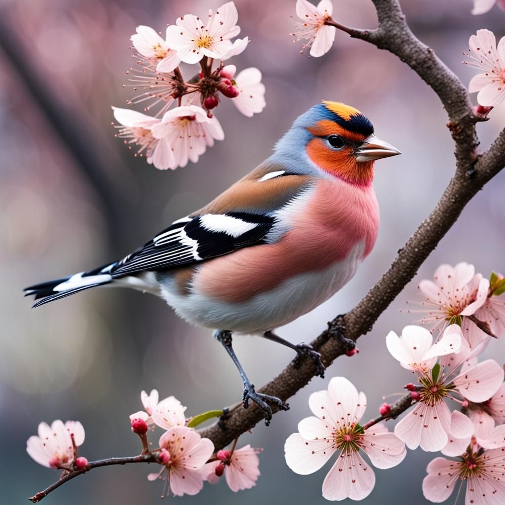 Chaffinch Song on Cherry Branch: Surreal Illustration