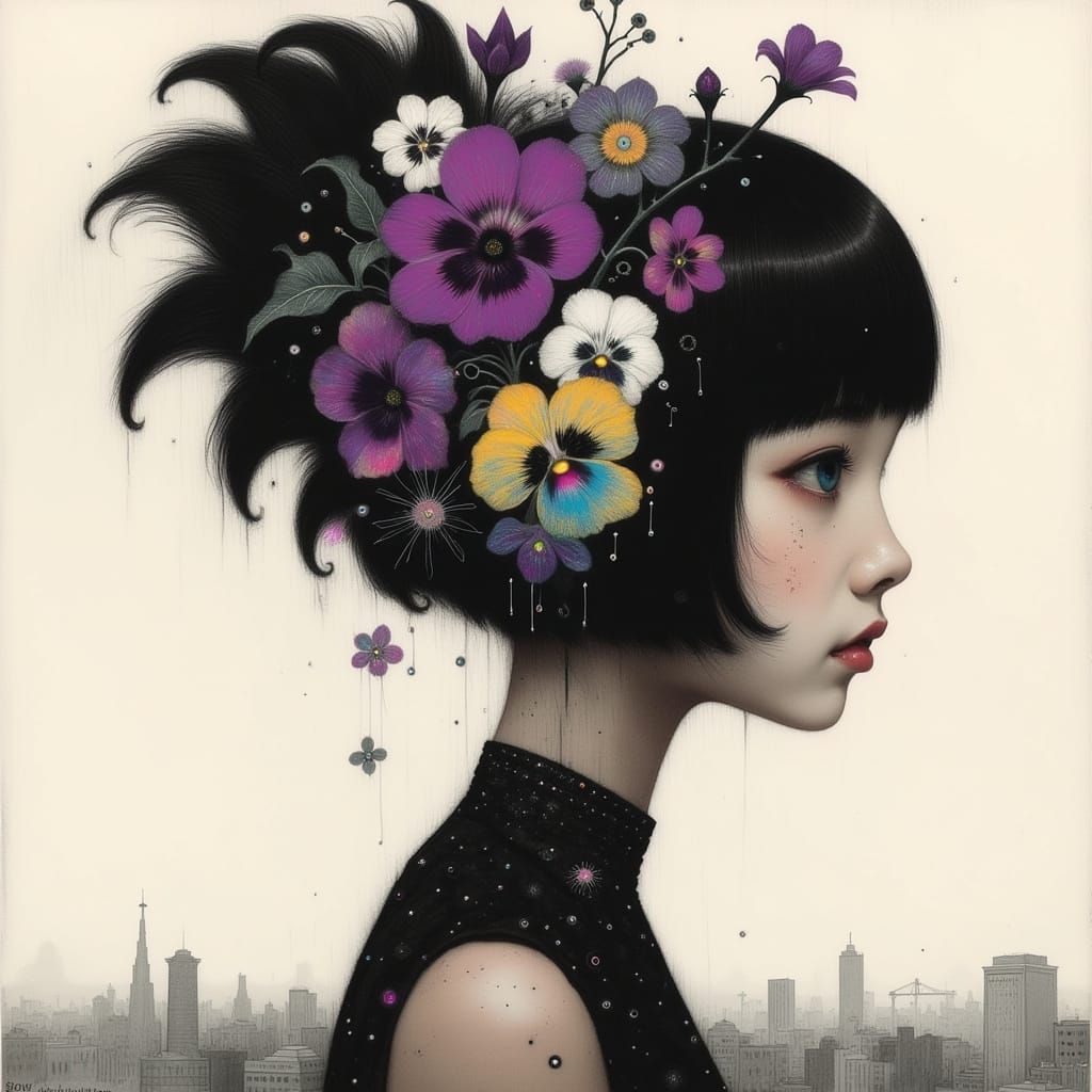 Cyberpunk Goddess Among Purple Pansy Flowers