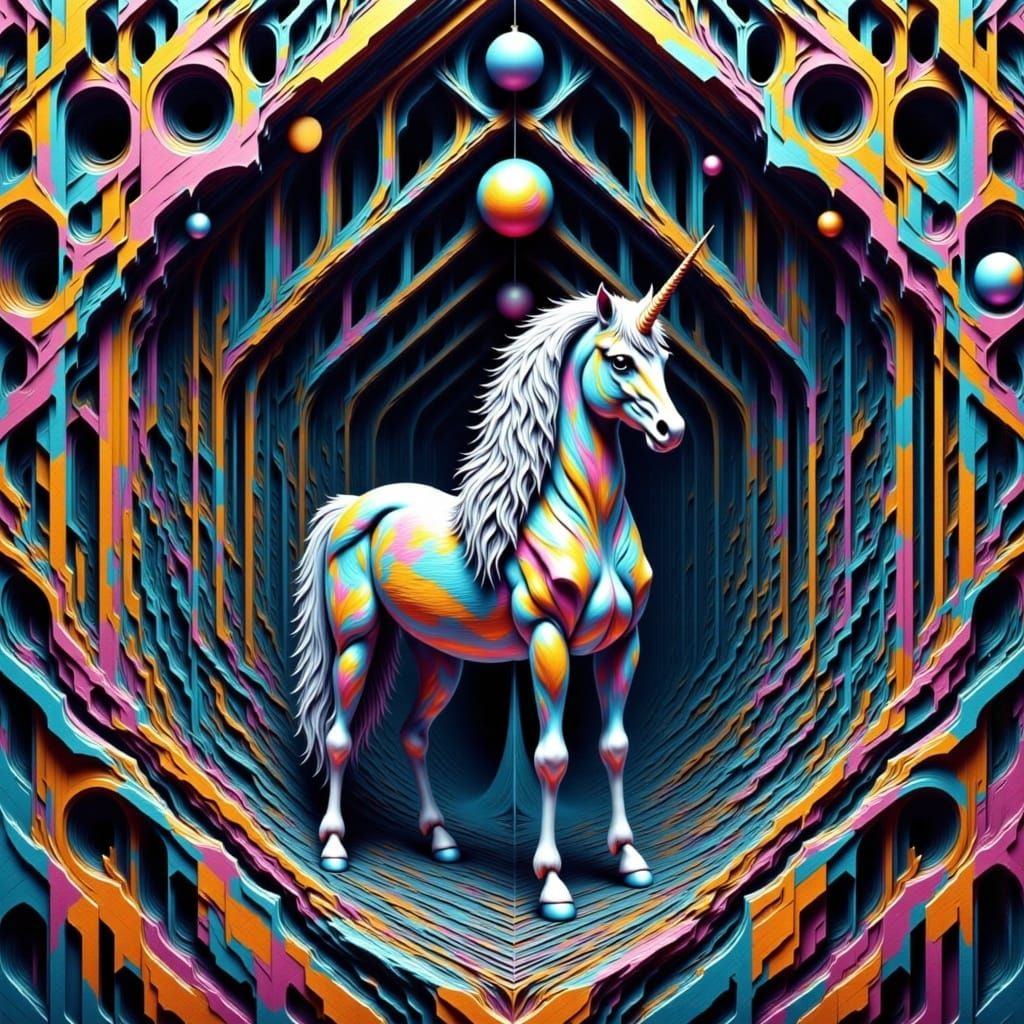 Surreal Unicorn in Escher Style with Impossible Architecture