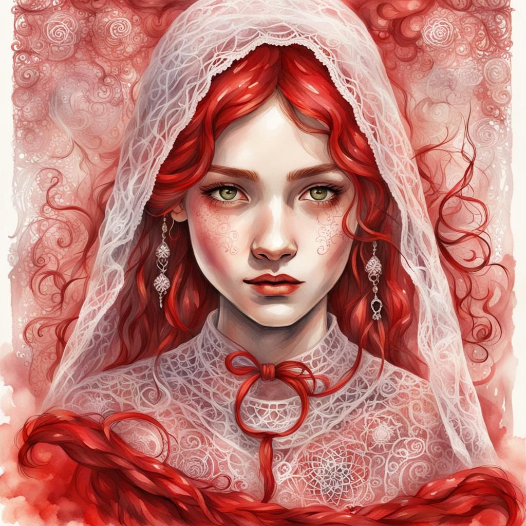 Coquettish Girl with Red Hair and Veil in Watercolor