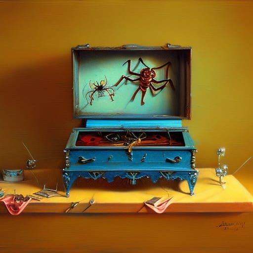 Spider in Music Box, Oil Painting