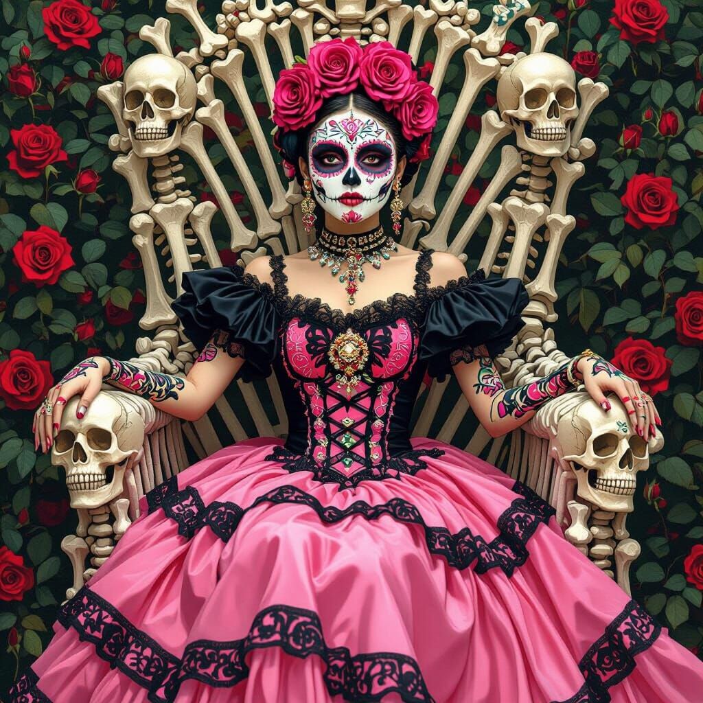 Day of the Dead Girl on Bone Throne in Art Nouveau Style
