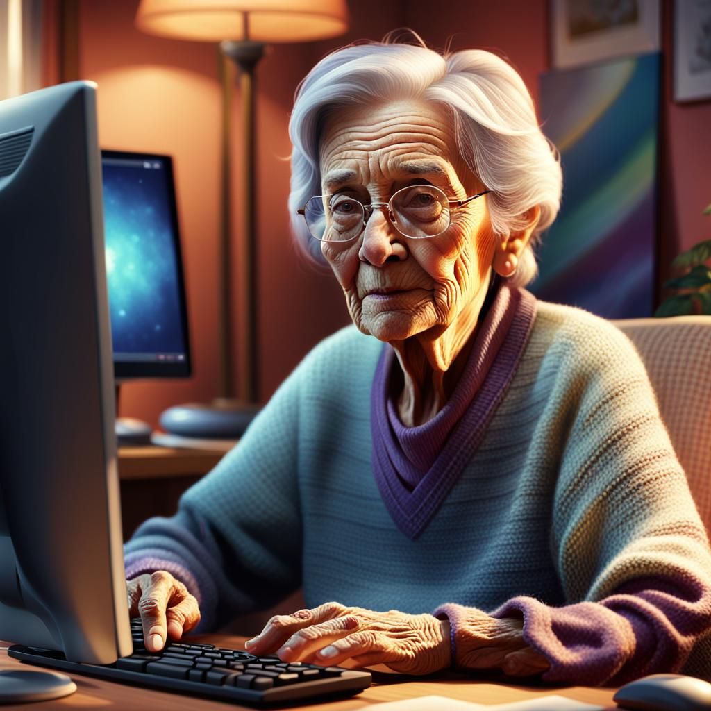 Elderly Woman Surfing the Internet: Hyperrealistic Concept A...