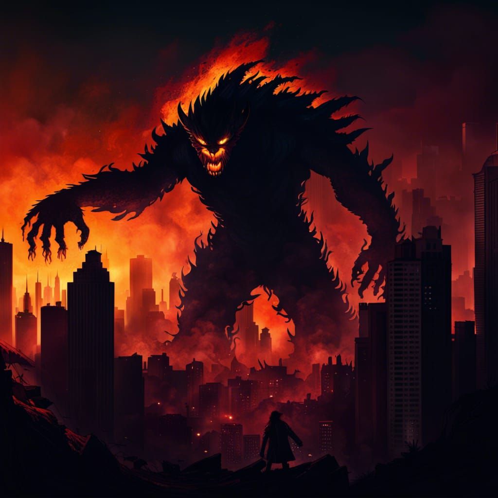 Giant Shadow Monster Destroys City in Matte Painting