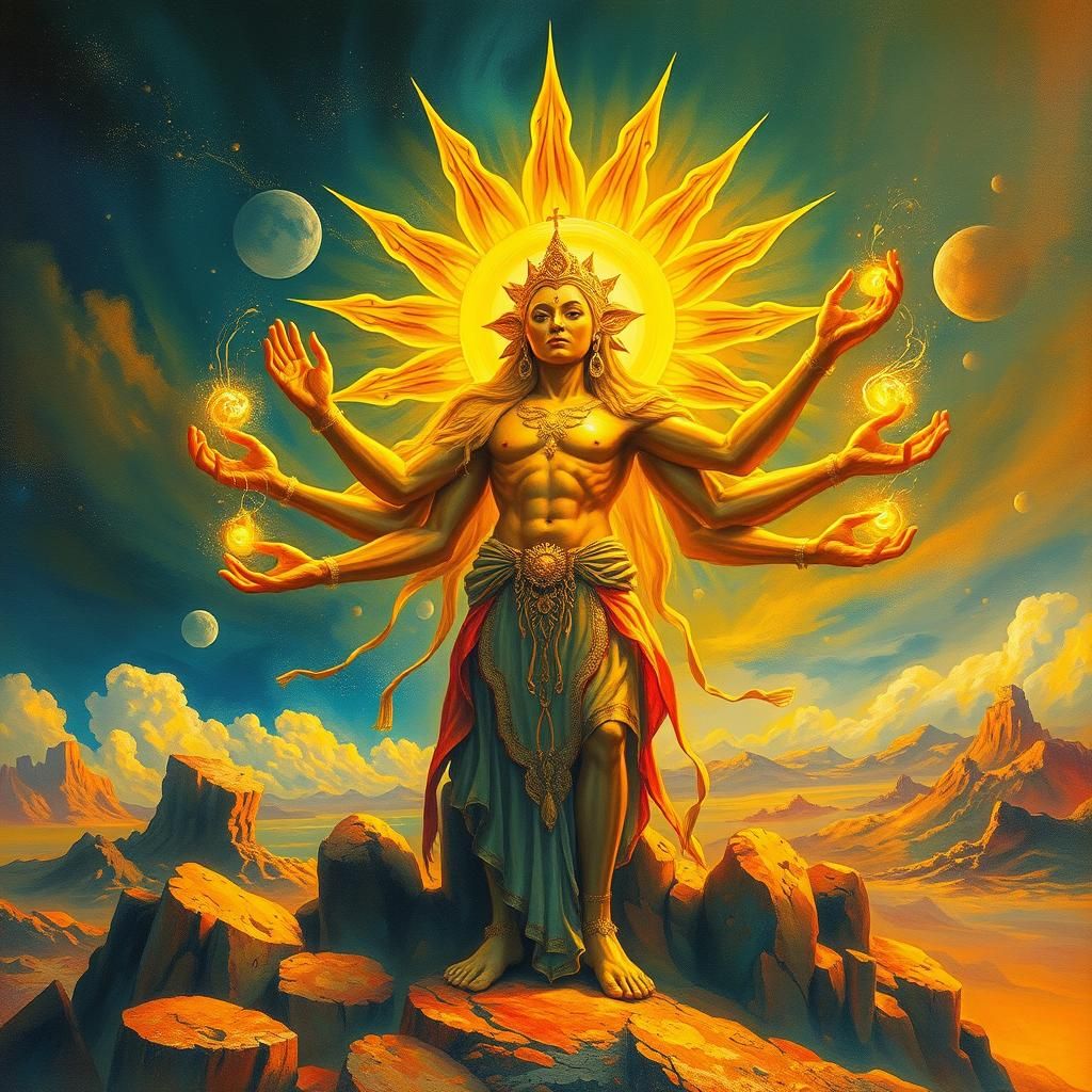 Golden Sun Deity Radiating Light: A Mixed Media Vision