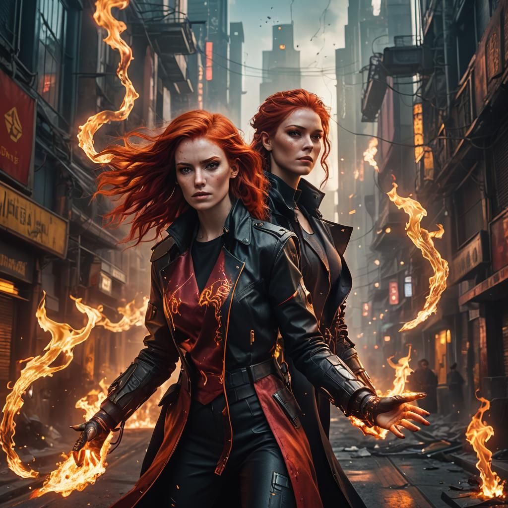 Cyberpunk Flame: Red-Haired Woman in Fiery City
