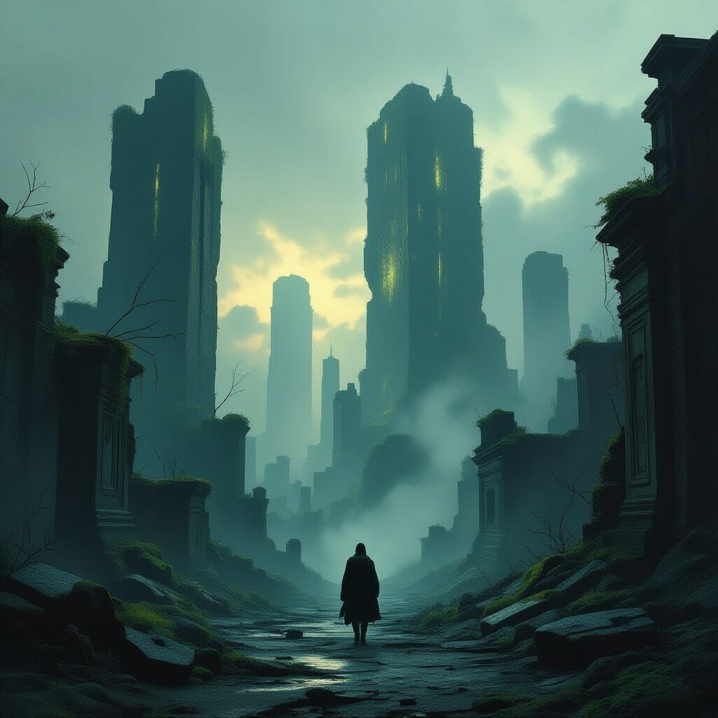 Explorer in Smoggy Cityscape at Twilight