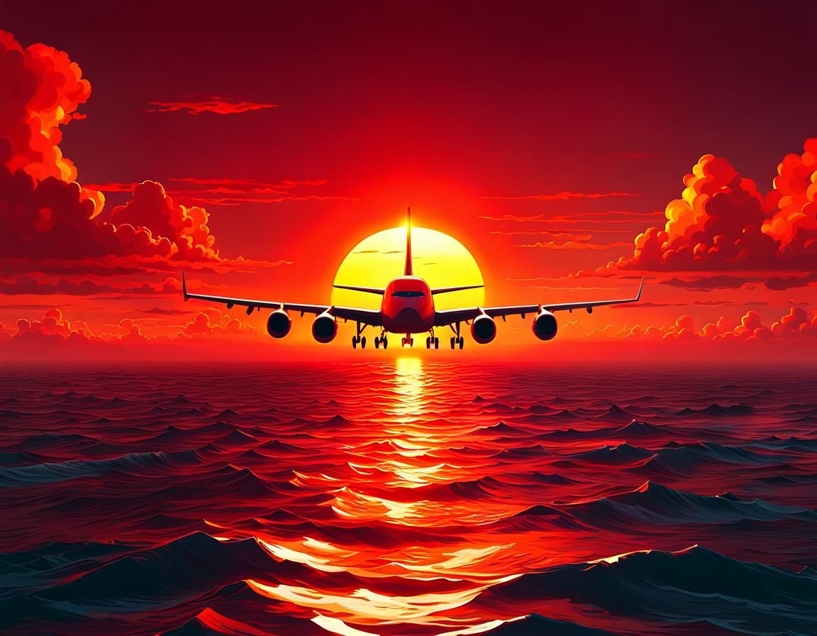Caribbean Sunset with Airplane in Photorealistic Style