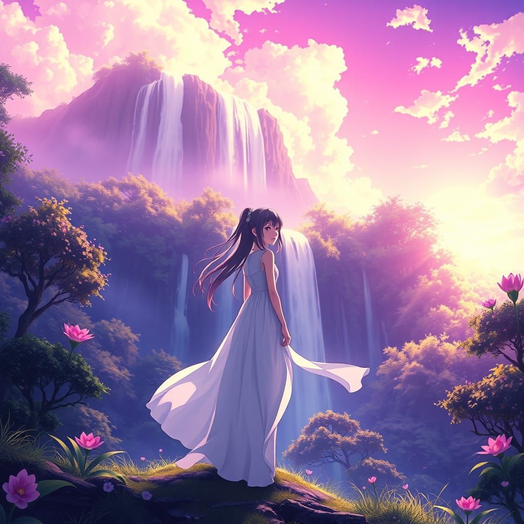 Purple Anime Girl in Lush Forest Waterfall