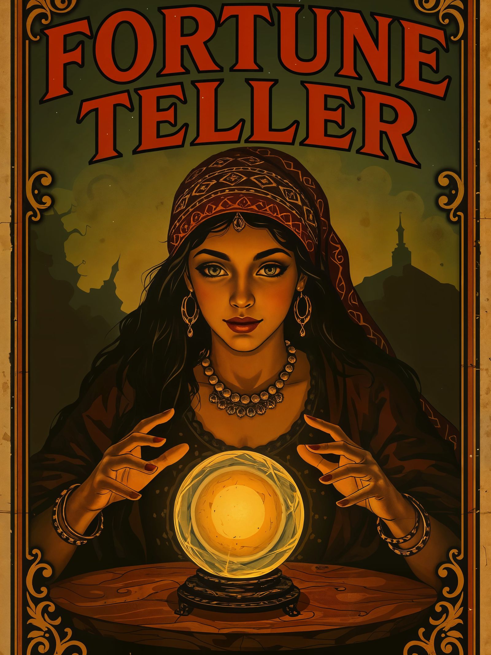 Vintage Fortune Teller Poster: Mystical Gypsy Woman and Crys...